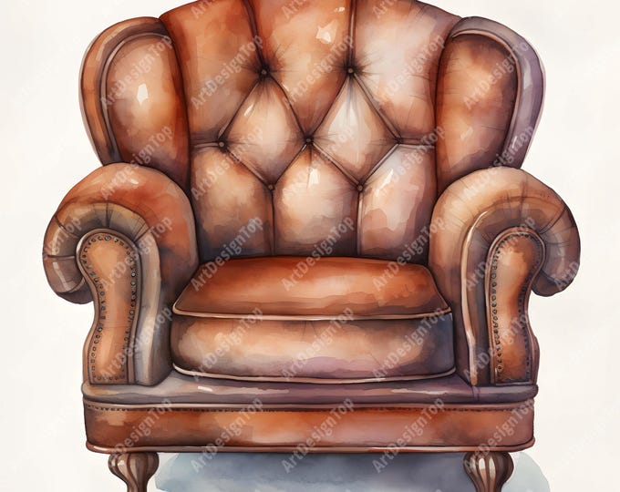 Old Armchair Clipart, Leather Armchair Images, 10 Watercolor Clip Art, Printable JPGs, Instant Download, Commercial Use, Paper craft