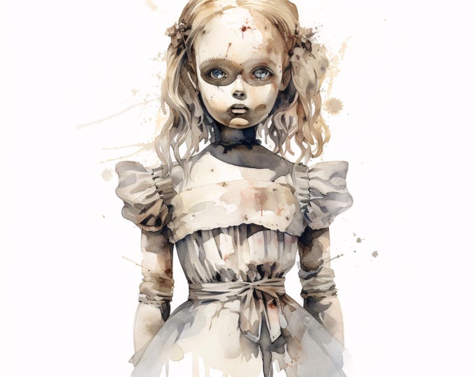 Creepy Doll Clipart, Haunted Toy Images, 10 Watercolor Clip Art, Printable JPGs, Instant Download, Commercial Use, Halloween Craft