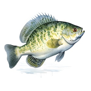 May include: A green and white crappie fish with a spiky dorsal fin, jumping out of the water.