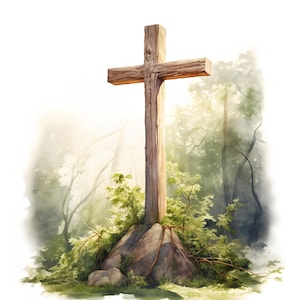 Watercolor Wooded Cross Clipart: Forest Images (JPGs, Commercial Use)