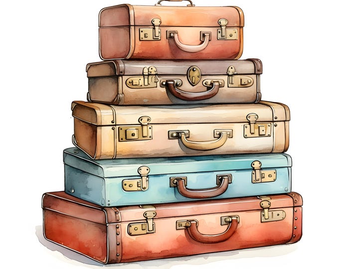 Suitcases Clipart, Leather Suitcases Images, 10 Watercolor Clip Art, Printable JPGs, Instant Download, Commercial Use, Paper craft