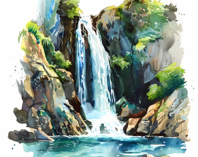 Waterfall Clipart, Water Falls Images, 10 Watercolor Clip Art, Printable JPGs, Instant Download, Commercial Use, Paper craft