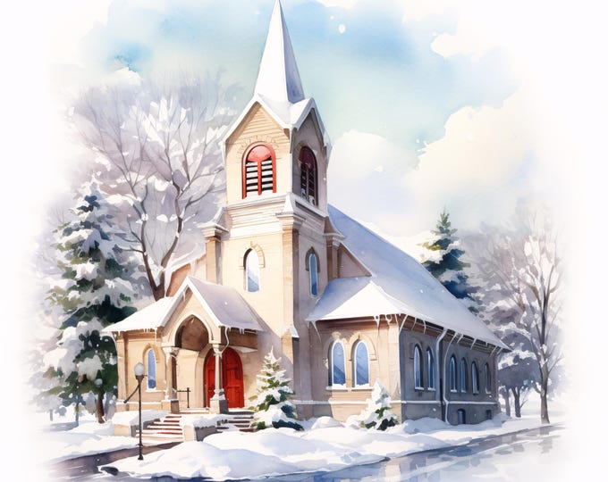 Winter Church Clipart, Snowy Chapel Images, 10 Watercolor Clip Art, Printable JPGs, Instant Download, Commercial Use, Paper Craft