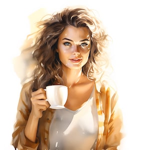 Watercolor Coffee Girl Clipart: Printable JPG Images (Commercial Use)