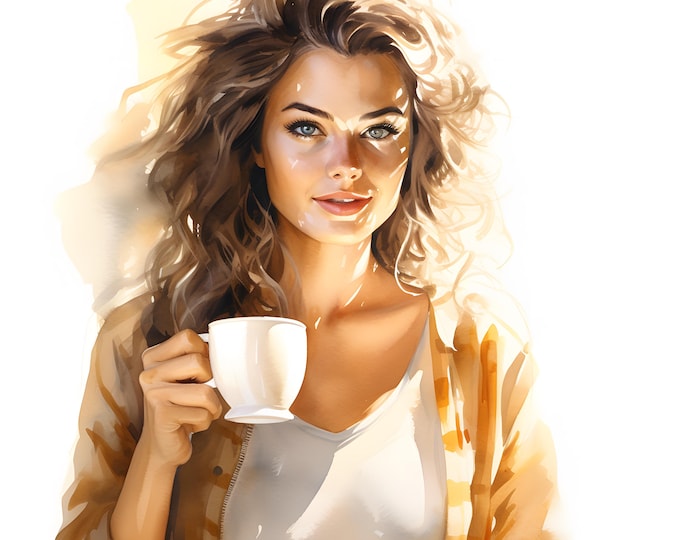 Coffee Girl Clipart, Girl With Coffee Images, 10 Watercolor Clip Art, Printable JPGs, Instant Download, Commercial Use, Paper craft