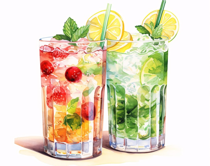Watercolor Cocktail Clipart: Summer Drinks Illustrations (JPGs, Commercial Use, Instant Download)