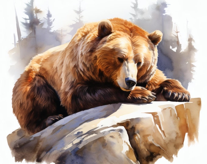 Sleepy Bear Clipart, Cute Forest Animal Images, 10 Watercolor Clip Art, Printable JPGs, Instant Download, Commercial Use, Paper craft