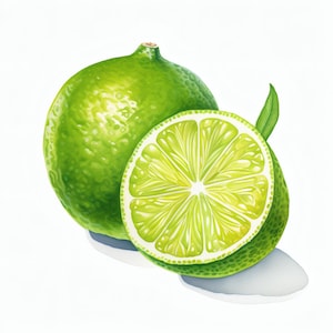 May include: A watercolour illustration of two green limes, one whole and one sliced in half. The sliced lime reveals the juicy interior with a star-like pattern. A small green leaf is attached to the sliced lime.