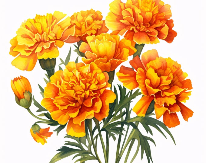 Marigold Bouquet Watercolor Clipart: Floral Arrangement JPGs (Commercial Use, Instant Download