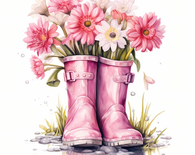 Pink Gumboots Clipart, Rain Boots with Flowers Images, 10 Watercolor Clip Art, Printable JPGs, Instant Download, Commercial Use, Paper craft