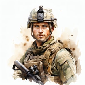May include: Watercolor portrait of a soldier in camouflage gear, wearing a helmet with a night vision device. The soldier has blue eyes and a small wound on his face, holding a rifle. The background features brown watercolor splatters.