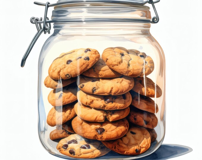 Cookie Jar Clipart, Chocolate Chip Images, 10 Watercolor Clip Art, Printable JPGs, Instant Download, Commercial Use, Paper craft