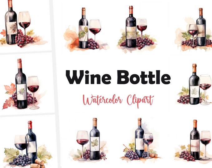 Wine Bottle Clipart, Red Wine Bottle Images, 10 Watercolor Clip Art, Printable JPGs, Instant Download, Commercial Use, Paper craft