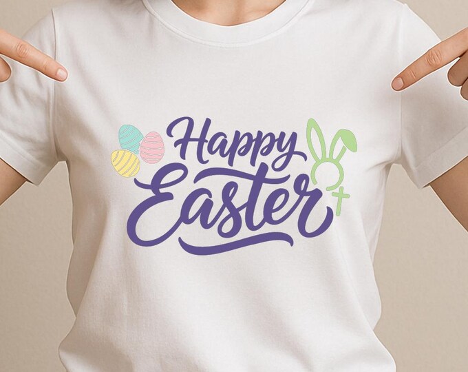 Happy Easter SVG, Bunny Ears and Easter Eggs T-Shirt Print, Religious Holiday DXF PNG Cutting File Design for Cricut Silhouette