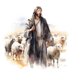 Clipart di Gesù con le pecore, Immagini di Gesù pastore, 10 clipart ad acquerello, JPG stampabili, Download immediato, Uso commerciale, Artigianato di carta