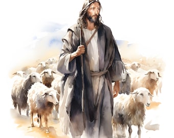Jesus Shepherd Watercolor Clipart: 10 JPG Images (Commercial Use)
