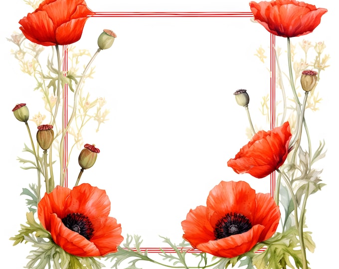 Poppy Frame Clipart, Poppy Wreath Images, 10 Watercolor Clip Art, Printable JPGs, Instant Download, Commercial Use, Paper craft