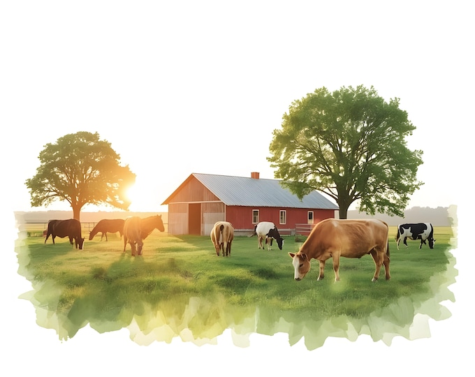 Farm Sunrise Clipart, Barn Landscape Images, 10 Watercolor Clip Art, Printable JPGs, Instant Download, Commercial Use, Paper craft