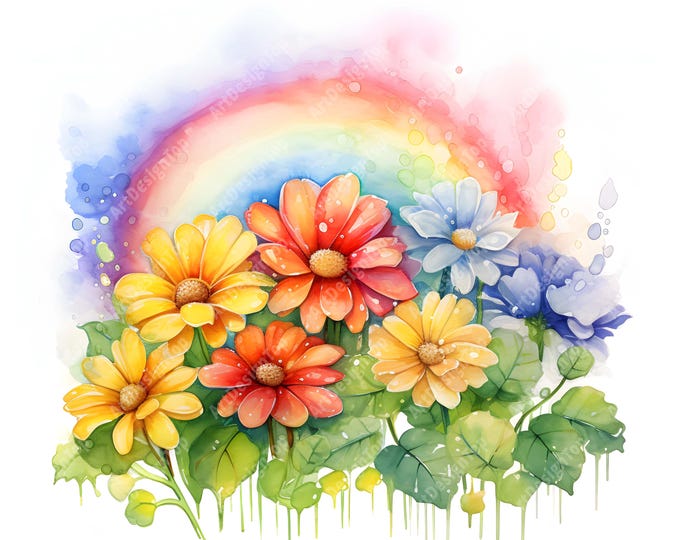 Rainbow Flowers Clipart, Colorful Flowers Images, 10 Watercolor Clip Art, Printable JPGs, Instant Download, Commercial Use, Paper craft