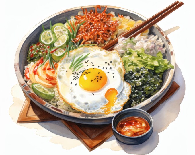 Korean Food Clipart, Asian Cuisine Images, 10 Watercolor Clip Art, Printable JPGs, Instant Download, Commercial Use, Paper craft