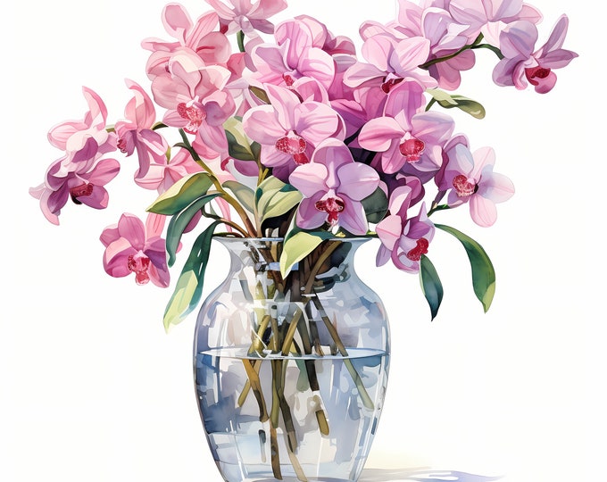 Vase of Orchids Clipart, Orchids Vase Images, 10 Watercolor Clip Art, Printable JPGs, Instant Download, Commercial Use, Paper craft