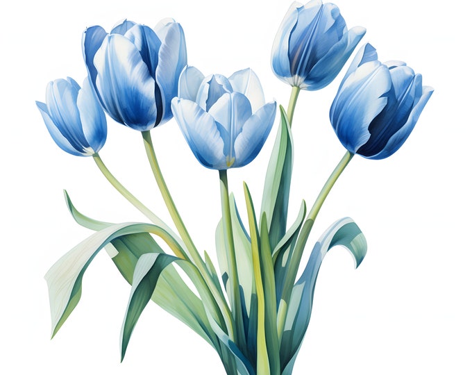 Blue Tulips Clipart, Bouquet of Tulips Images, 10 Watercolor Clip Art, Printable JPGs, Instant Download, Commercial Use, Paper craft