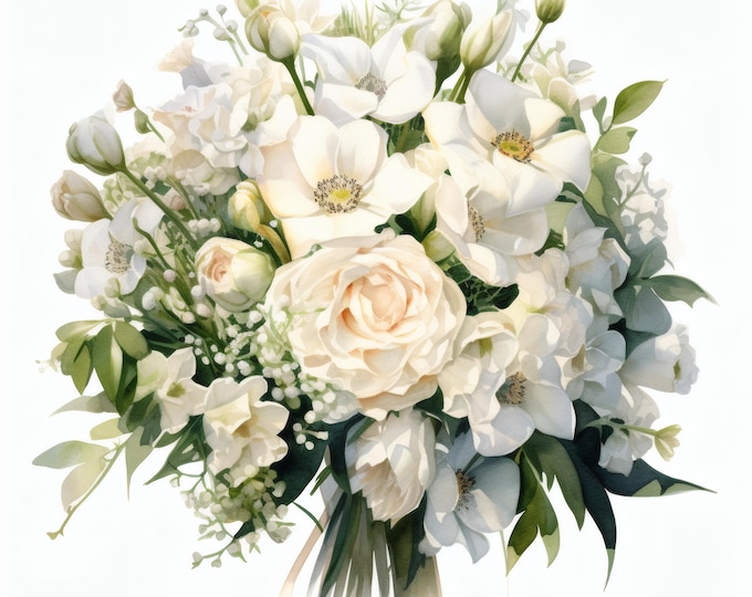 Wedding Bouquet Clipart, White Flowers Images, 10 Watercolor Clip Art, Printable JPGs, Instant Download, Commercial Use, Paper craft