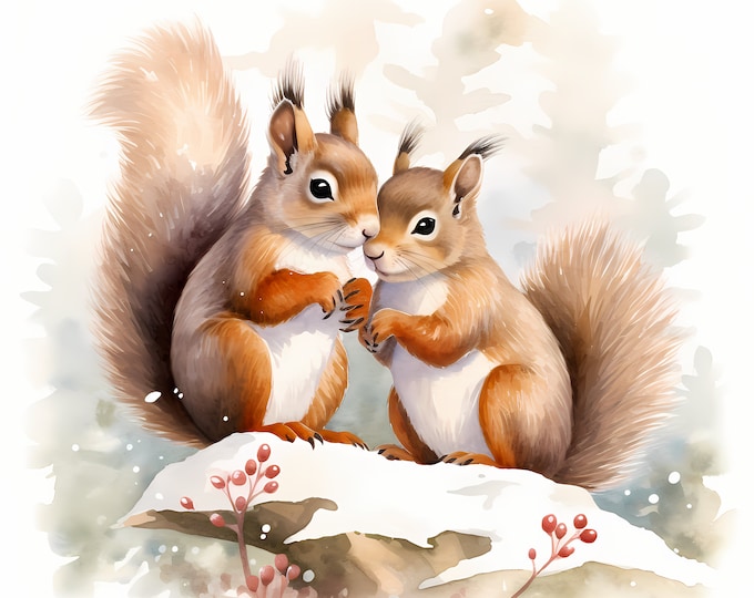 Squirrel Couple Clipart, Winter Squirrels Images, 10 Watercolor Clip Art, Printable JPGs, Instant Download, Commercial Use, Paper craft
