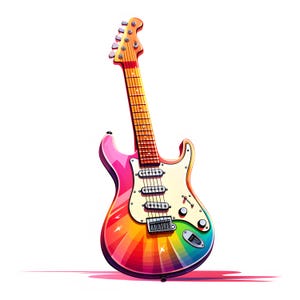 Clipart elektrische gitaren, kleurrijke gitaarafbeeldingen, 10 aquarel-illustraties, afdrukbare JPG's, Instant Download, Commercieel gebruik, Papercraft