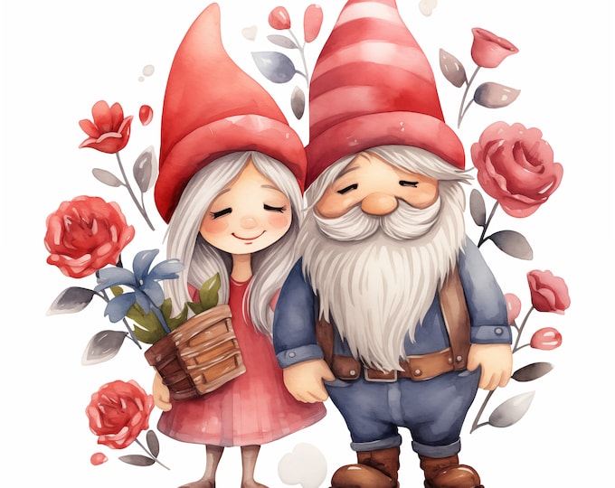 Gnome Couple Clipart, Romantic Gnomes Images, 10 Watercolor Clip Art, Printable JPGs, Instant Download, Commercial Use, Paper craft