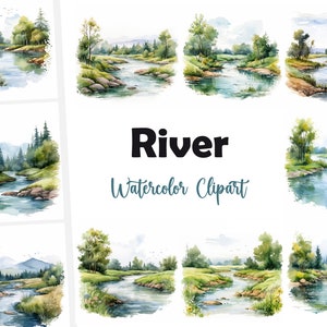 River Clipart, River Landscape Images, 10 Watercolor Clip Art, Printable JPGs, Instant Download, Commercial Use, Paper craft