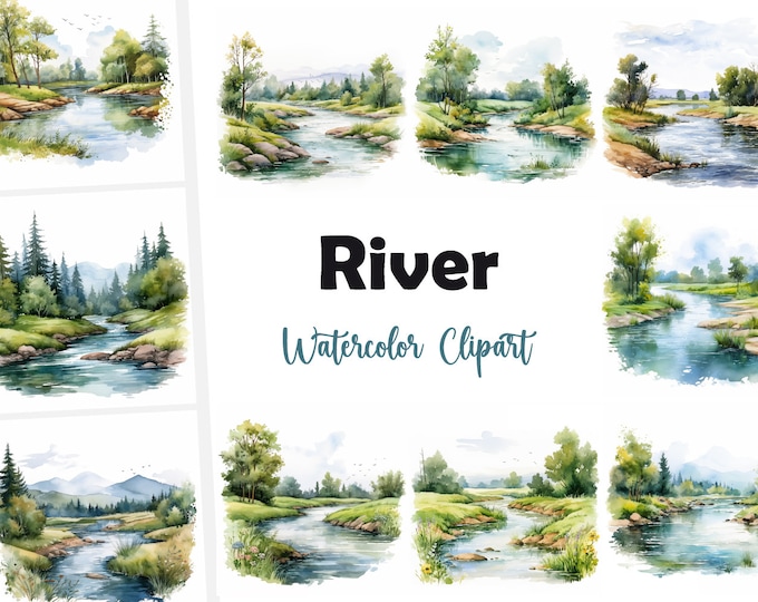 River Clipart, River Landscape Images, 10 Watercolor Clip Art, Printable JPGs, Instant Download, Commercial Use, Paper craft