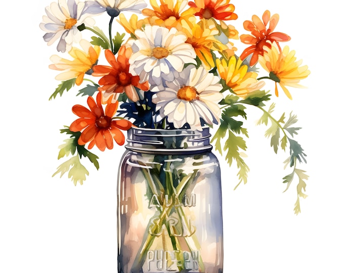 Flowers In Jar Clipart, Flower Jar Images, 10 Watercolor Clip Art, Printable JPGs, Instant Download, Commercial Use, Paper craft