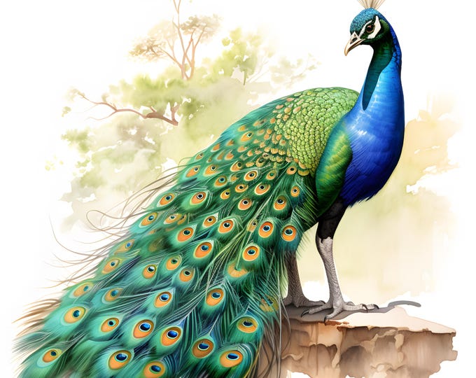 Peacock Clipart,  Peacock Bird Images, 10 Watercolor Clip Art, Printable JPGs, Instant Download, Commercial Use, Paper craft