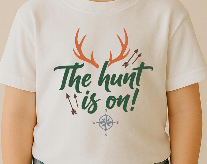 The Hunt Is On SVG, Deer Antlers Compass and Arrows T-Shirt Print, Outdoor Easter Egg Hunt DXF PNG Design for Cricut Silhouette