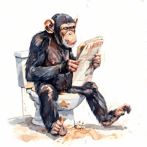 Clipart aap, afbeeldingen aap op het toilet, 10 aquarel-illustraties, afdrukbare JPG's, Instant Download, Commercieel gebruik, Papercraft