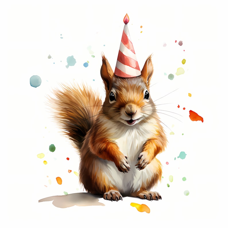 Watercolor Squirrel Clipart: Party Hat JPG Images (commercial Use ...