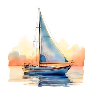 Könnte beinhalten: Ein weißes Segelboot mit einem blauen Segel liegt im Wasser vor Anker. Das Wasser ist hellblau und der Himmel ist hellorange. Das Segelboot hat einen Holzmast und ein Holzdeck.