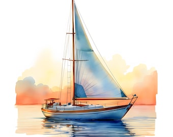 Sailboat Clipart, Sailboat At Dawn Images, 10 Watercolor Clip Art, Printable JPGs, Instant Download, Commercial Use, Paper craft