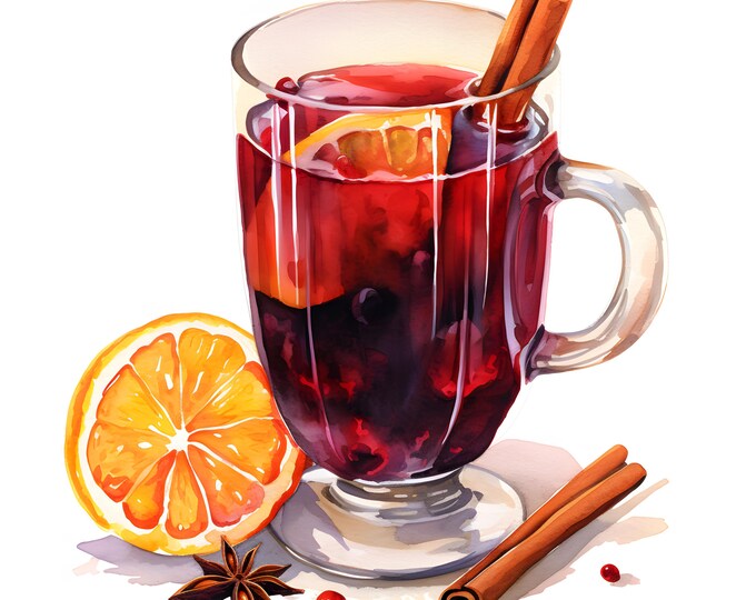 Wine Mug Clipart, Mulled Wine Images, 10 Watercolor Clip Art, Printable JPGs, Instant Download, Commercial Use, Paper craft