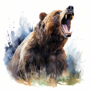 Clipart ours hurlant, ours brun dans des images de la forêt, 10 images clipart aquarelle, fichiers JPG imprimables, téléchargement immédiat, usage commercial, créations en papier