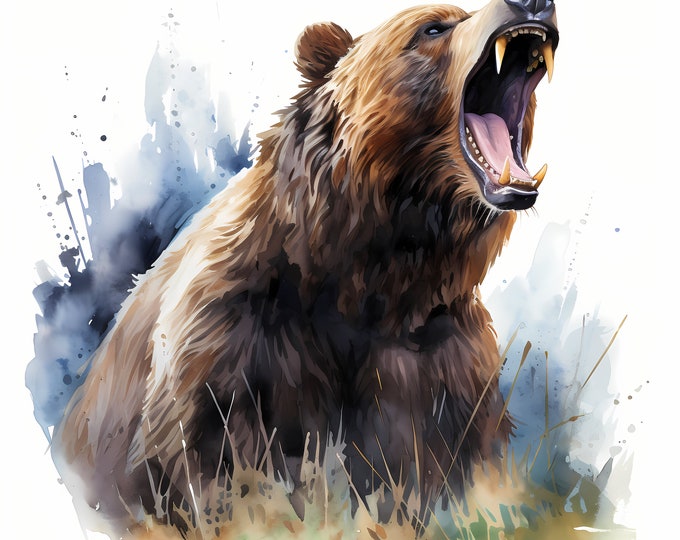 Howling Bear Clipart, Brown Bear in Forest Images, 10 Watercolor Clip Art, Printable JPGs, Instant Download, Commercial Use, Paper craft