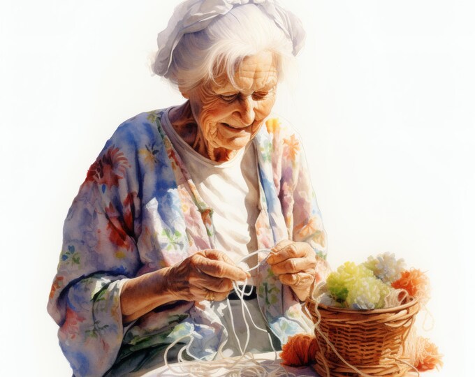 Old Lady Crocheting Clipart, Grandma Images, 10 Watercolor Clip Art, Printable JPGs, Instant Download, Commercial Use, Paper craft