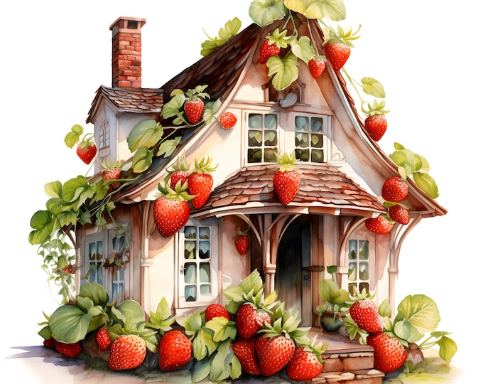 Strawberry House Clipart, House With Strawberries Images, 10 Watercolor Clip Art, Printable JPGs, Instant Download, Commercial Use