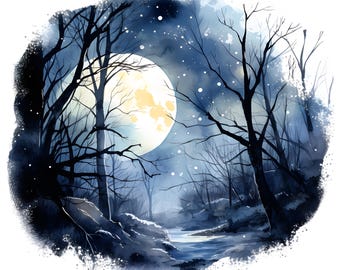 水彩画の月明かりの森のクリップアート：満月の夜の画像（JPG） - Etsy