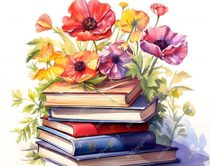 Floral Books Clipart, Stack of Books Images, 10 Watercolor Clip Art, Printable JPGs, Instant Download, Commercial Use, Paper craft