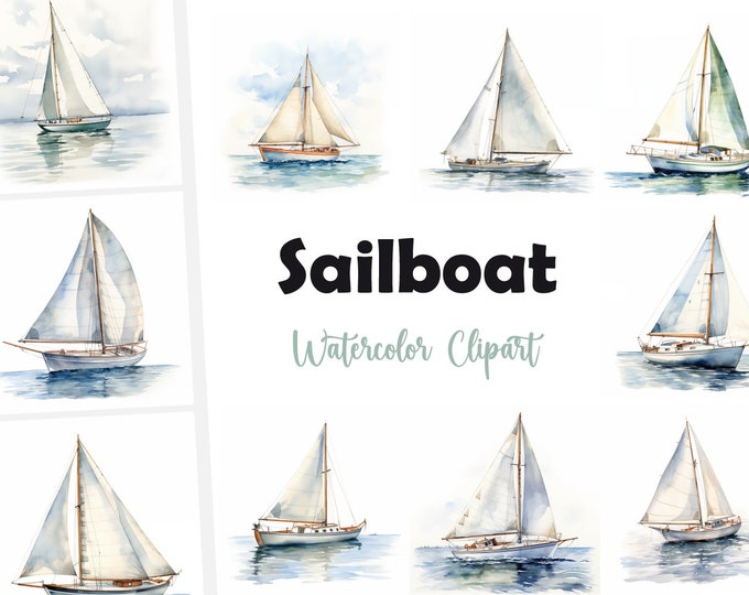 Sailboat Clipart, Sailing Ship Images, 10 Watercolor Clip Art, Printable JPGs, Instant Download, Commercial Use, Paper craft