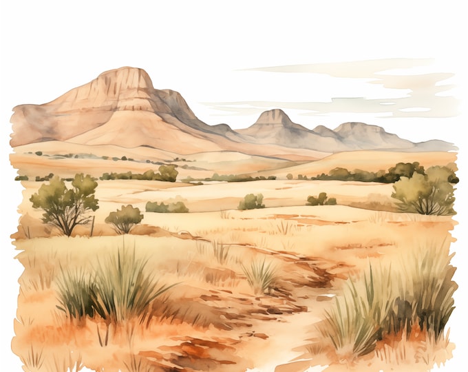 Steppe Clipart, Steppe Landscape Images, 10 Watercolor Clip Art, Printable JPGs, Instant Download, Commercial Use, Paper craft