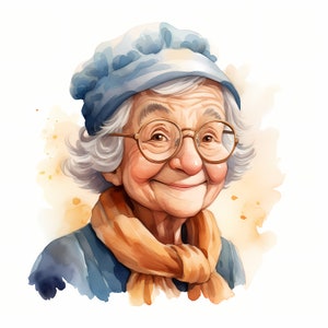 Clipart vieille dame, Images de dames heureuses, 10 images clipart aquarelle, fichiers JPG imprimables, téléchargement immédiat, usage commercial, créations en papier