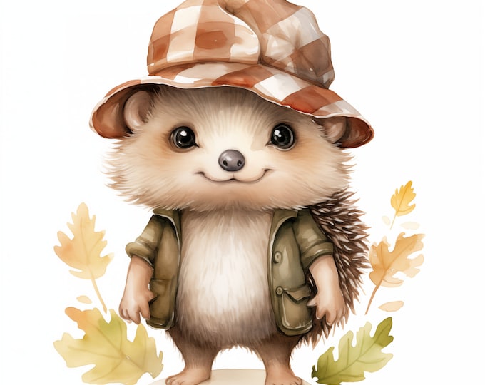 Baby Hedgehog Clipart, Hedgehog in Hat Images, 10 Watercolor Clip Art, Printable JPGs, Instant Download, Commercial Use, Paper craft